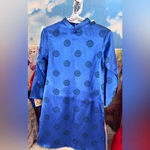 ao dai be trai, Vietnamese boy’s modern contemporary long dress top blue 6 8 🎁